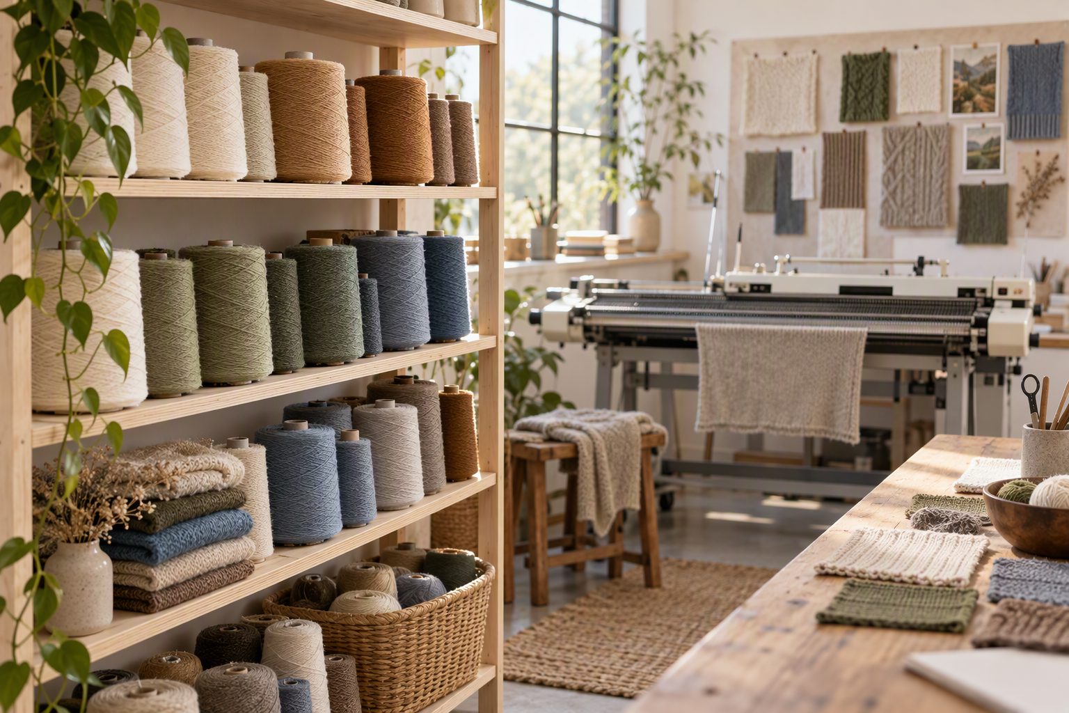 Yarn cones and knitting machines in the YIHENGGU atelier