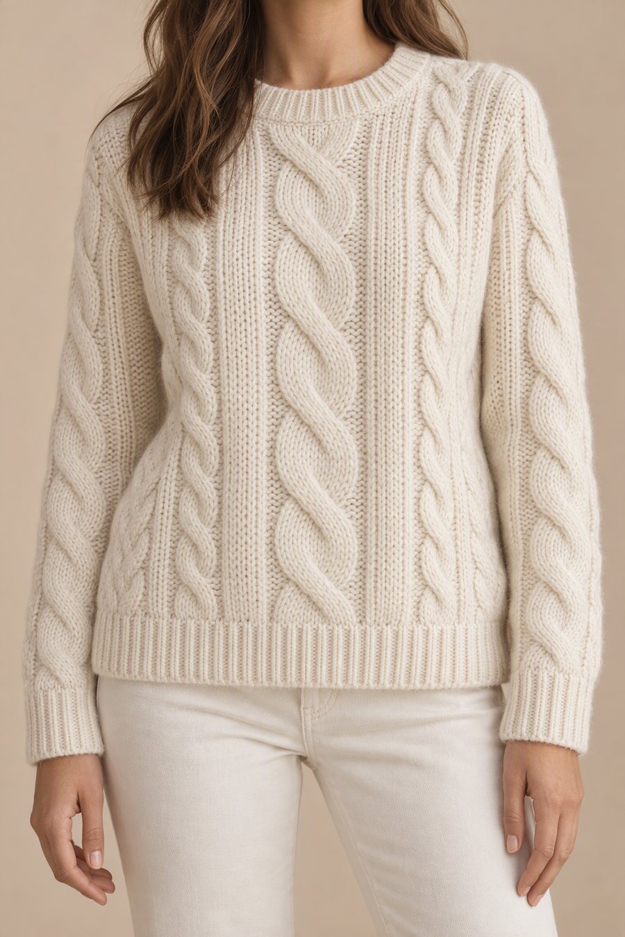 Cream cable-knit crewneck sweater