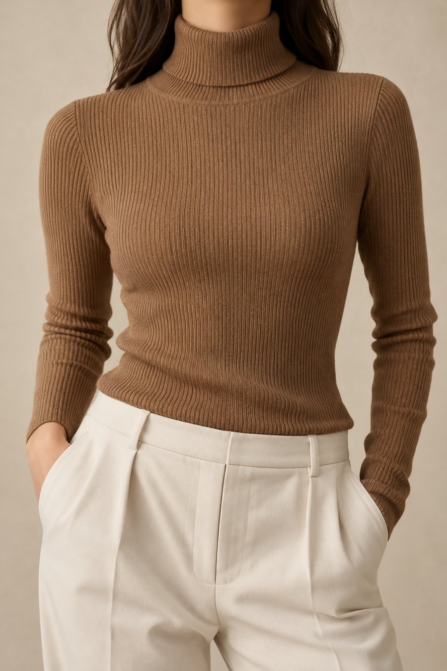 Caramel ribbed turtleneck sweater